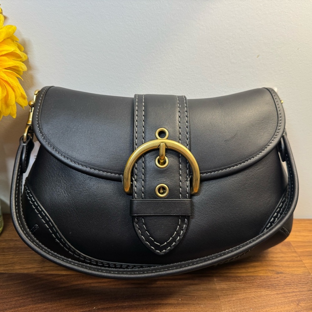Coach Black Leather Saddle Crossbody with Brass Buckle